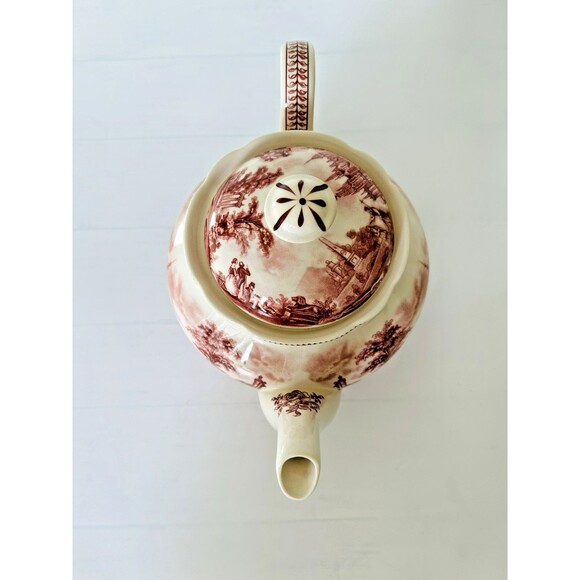 Vintage Red Transferware Teapot w/Lid Victorian Ironstone Castle Cranberry Toile - Picture 5 of 7